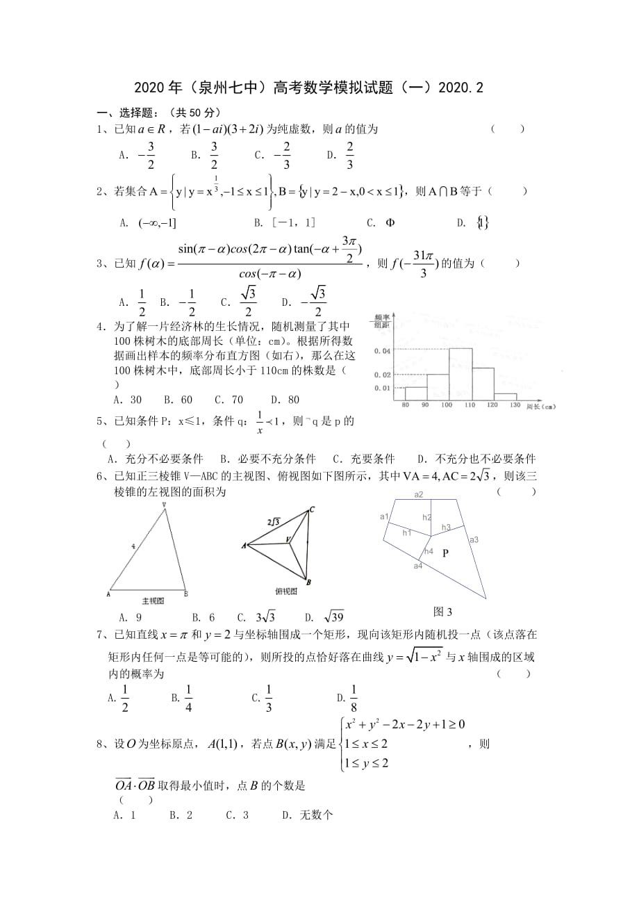 2020年（）高考数学模拟试题（一）2020.2（通用）_第1页