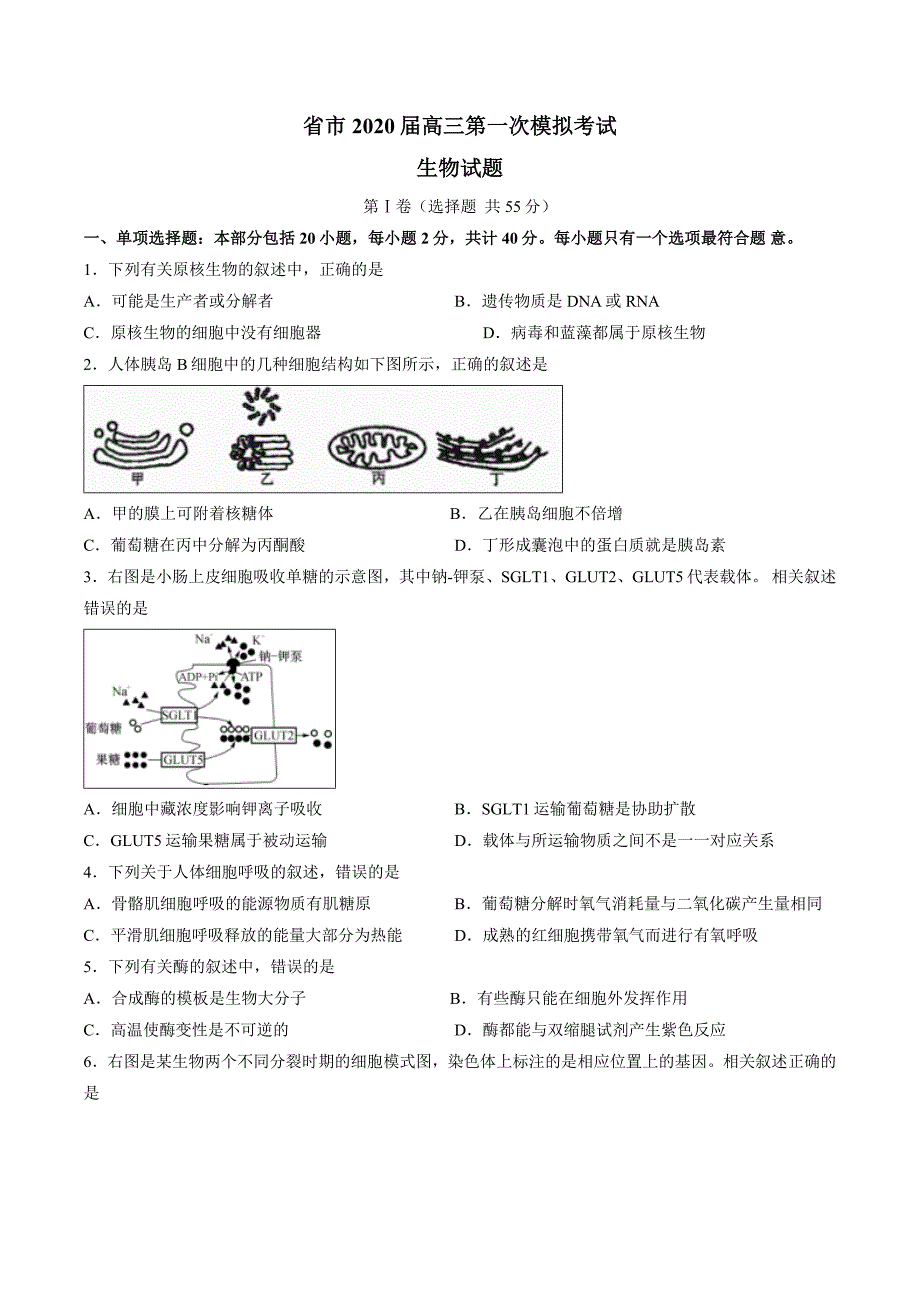 江苏省常州市2020届高三生物期末试题_第1页