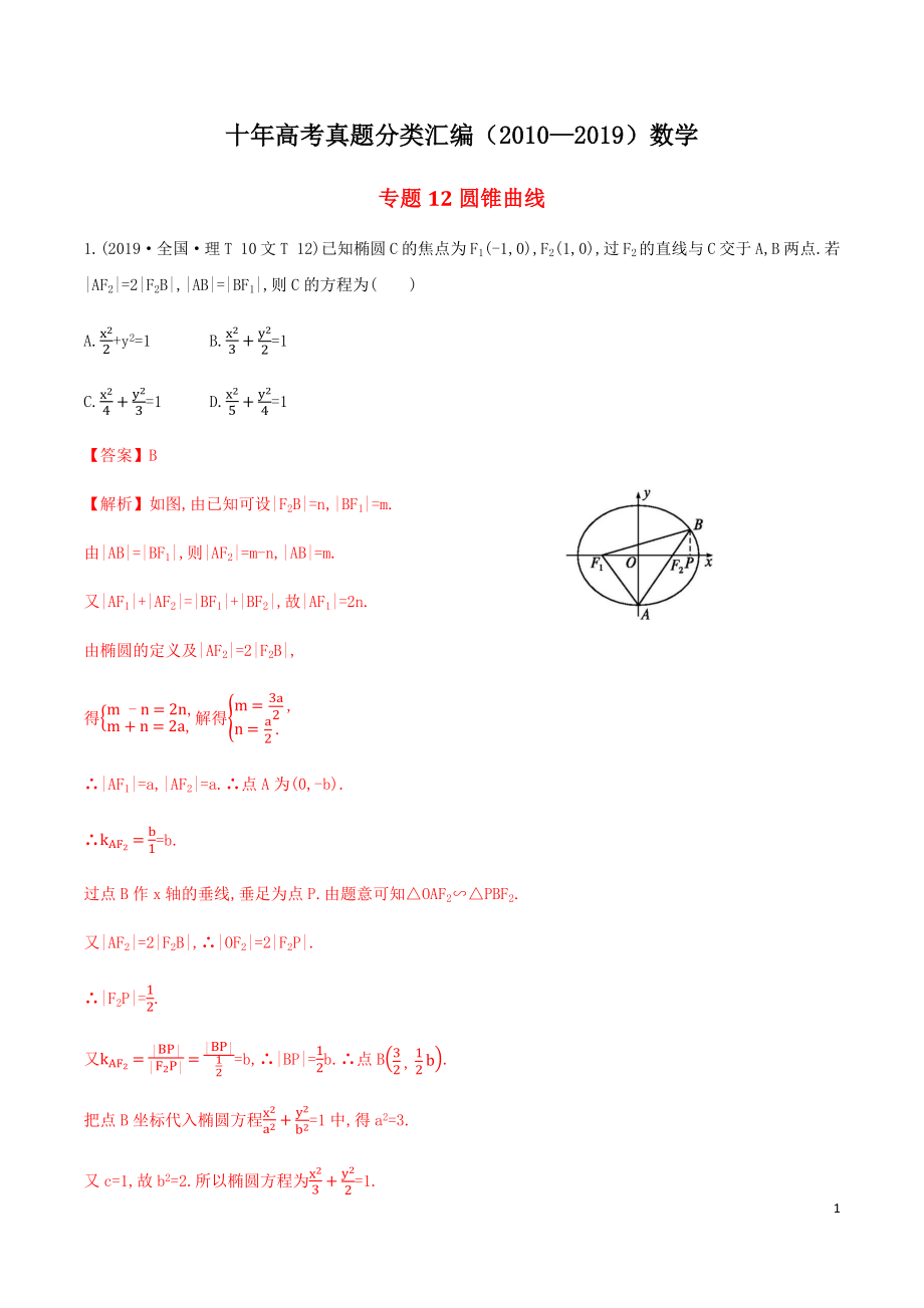 高考数学十年真题分类汇编(2010-2019)专题12圆锥曲线_第1页