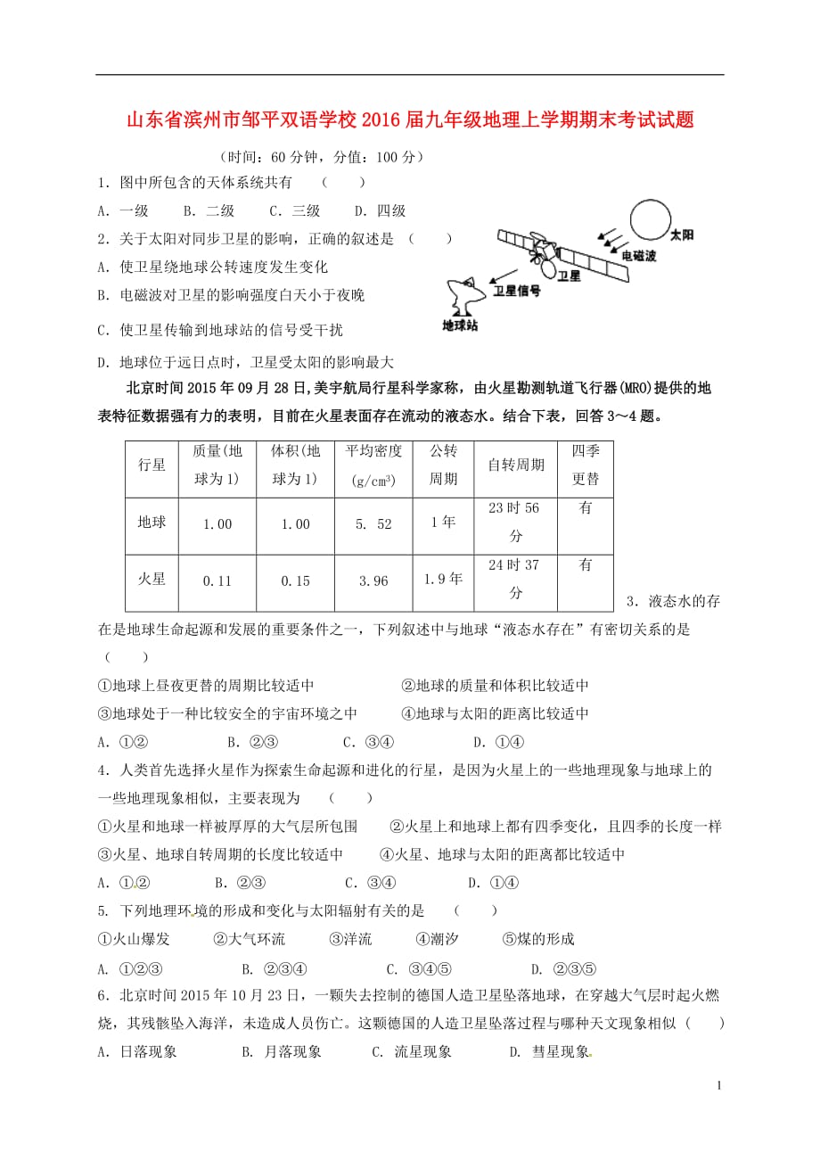 山东省滨州市邹平双语学校九年级地理上学期期末考试试题（一二区无答案）_第1页