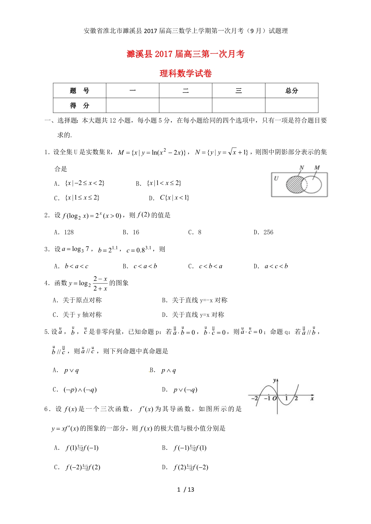 安徽省淮北市濉溪县高三数学上学期第一次月考（9月）试题理_第1页