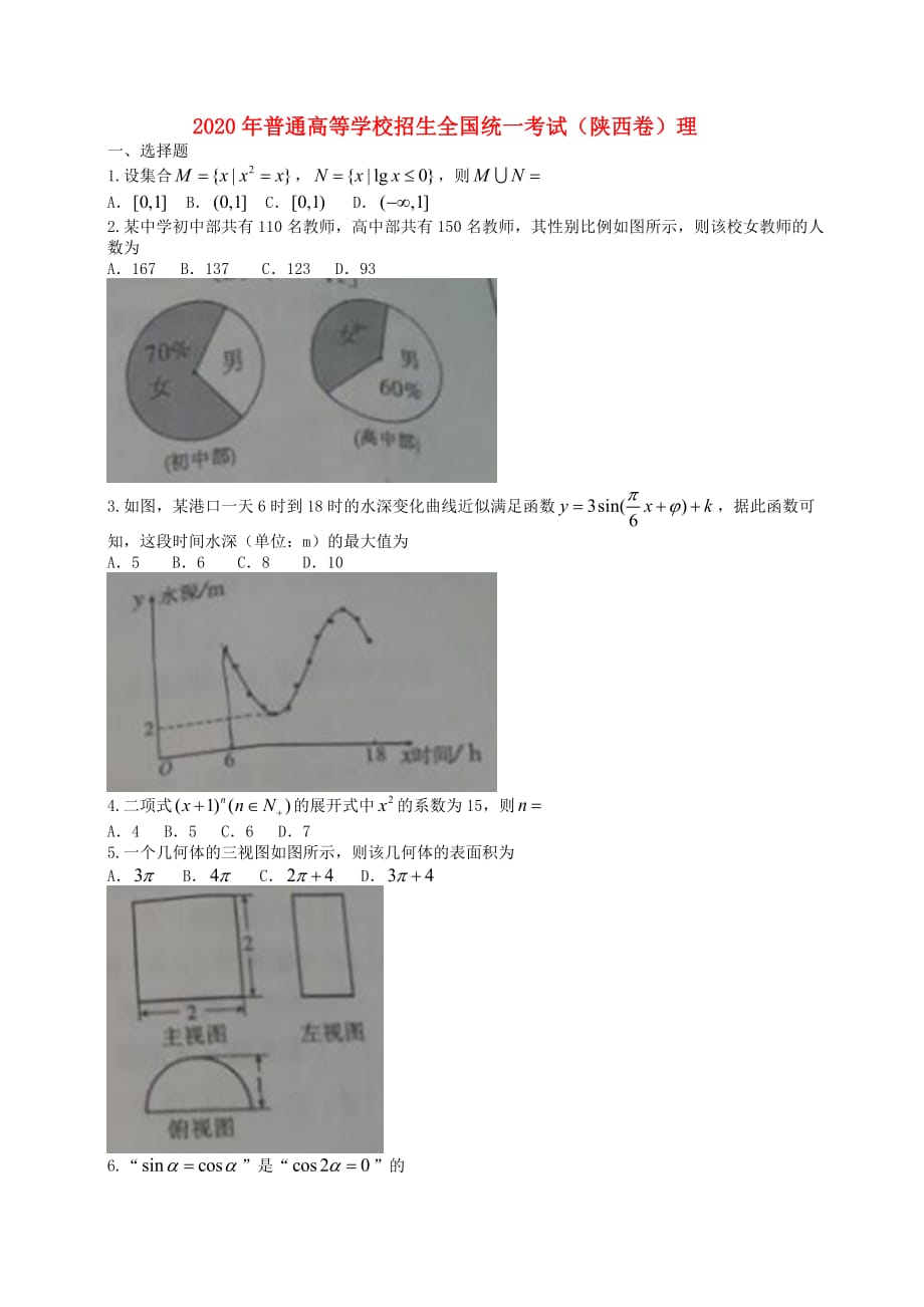 2020年普通高等学校招生全国统一考试数学理试题（陕西卷无答案）（通用）_第1页