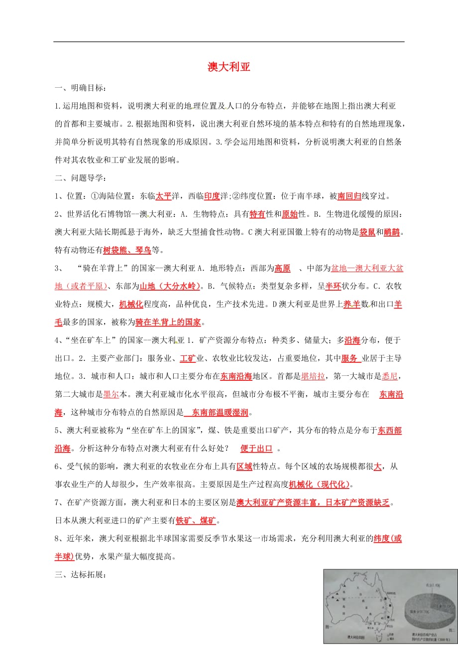 山东省淄博市高青县第三中学九年级地理下册澳大利亚复习导学案五四制_第1页