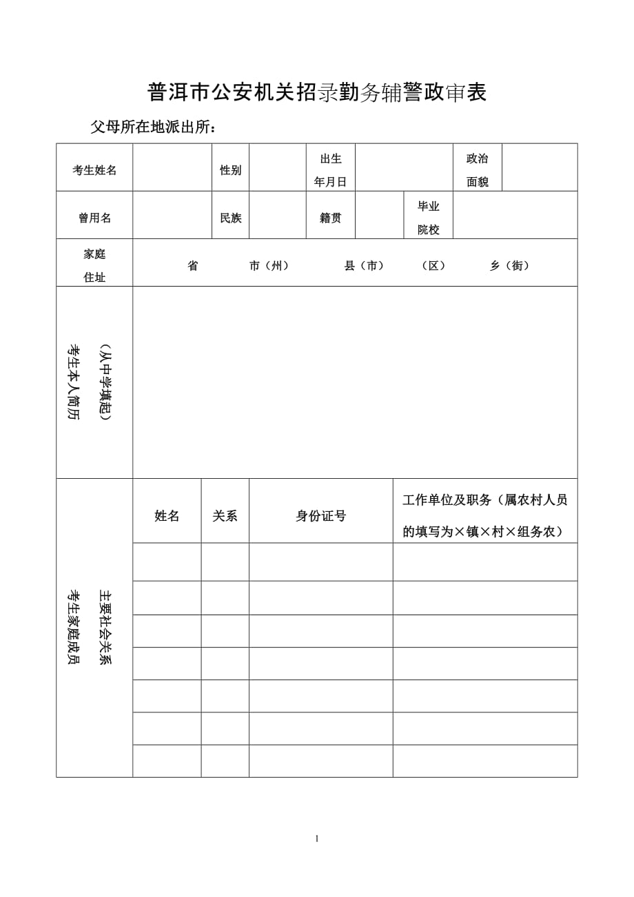 公务员（人民警察）招考政审表 范本_第1页