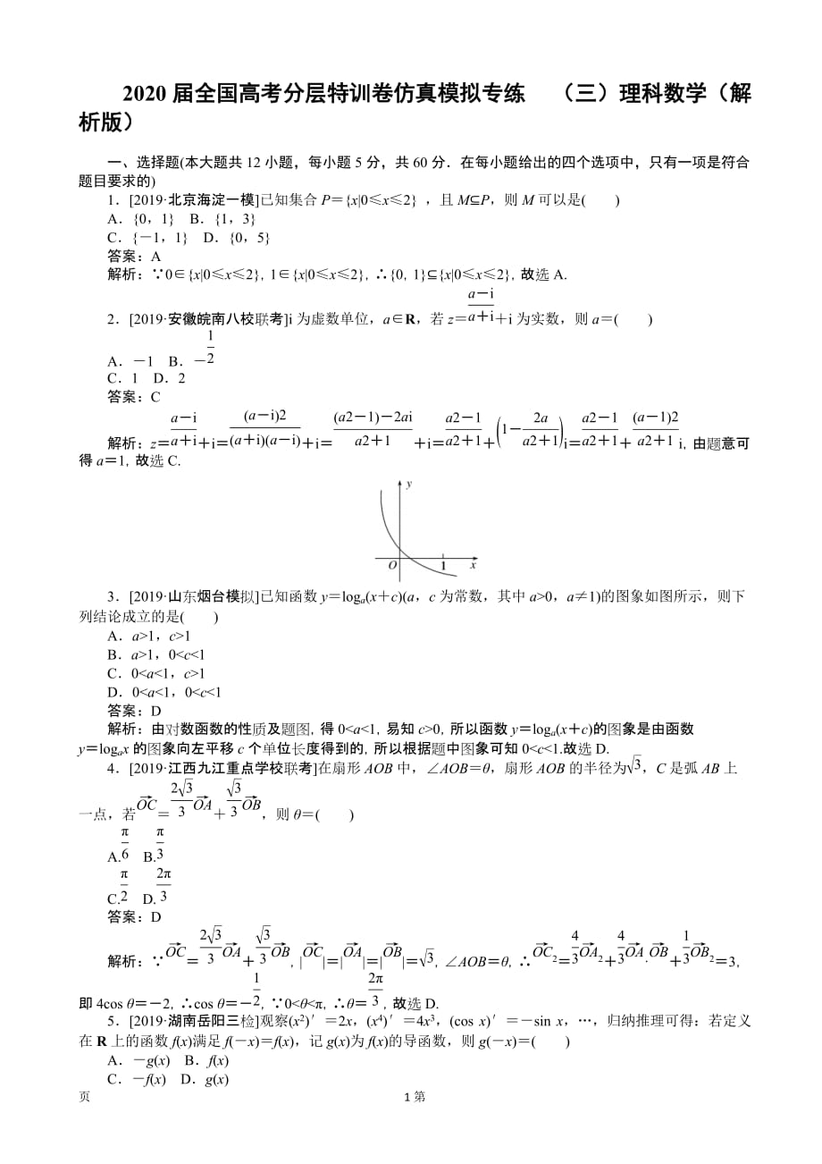 2020届全国高考分层特训卷仿真模拟专练 （三）理科数学（解析版）_第1页