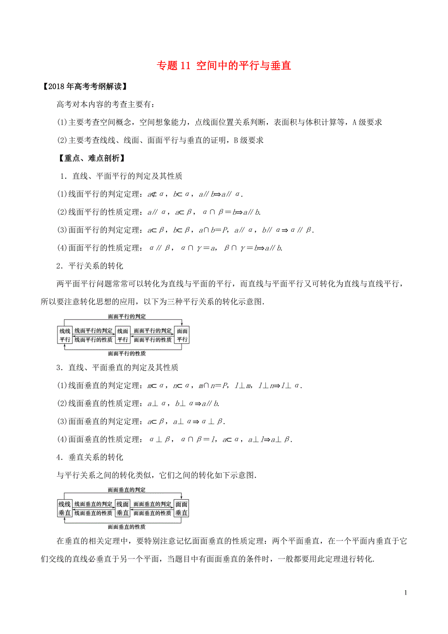 高考数学专题11空间中的平行与垂直教学案文_第1页