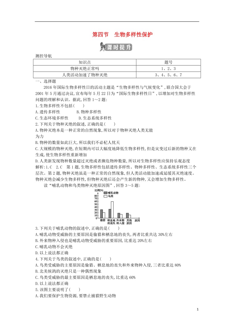 高中地理第四章生态环境保护第四节生物多样性保护课时提升新人教选修6_第1页