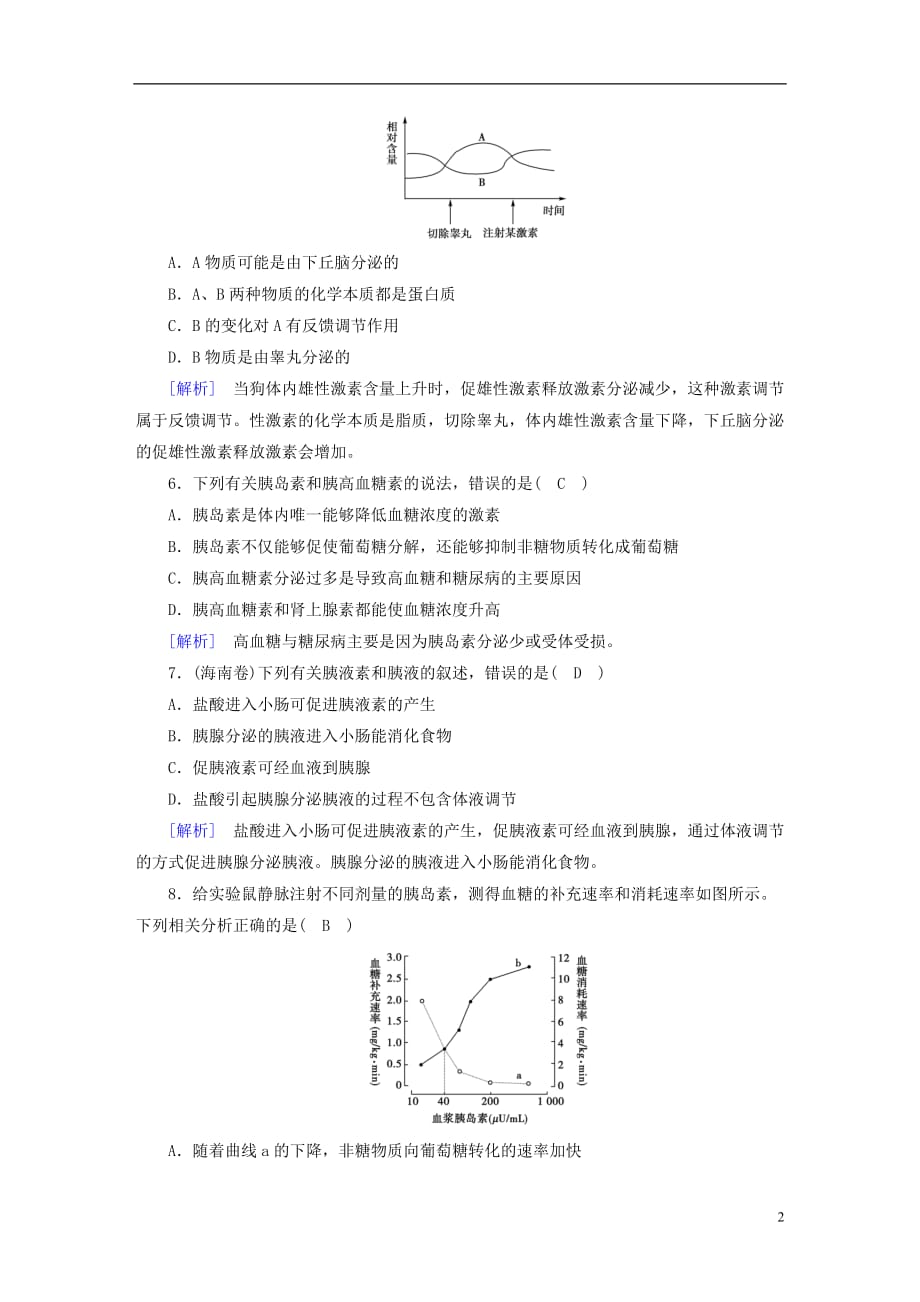 高中生物第二章动物和人体生命活动的调节第2节通过激素的调节课时作业新人教必修3_第2页