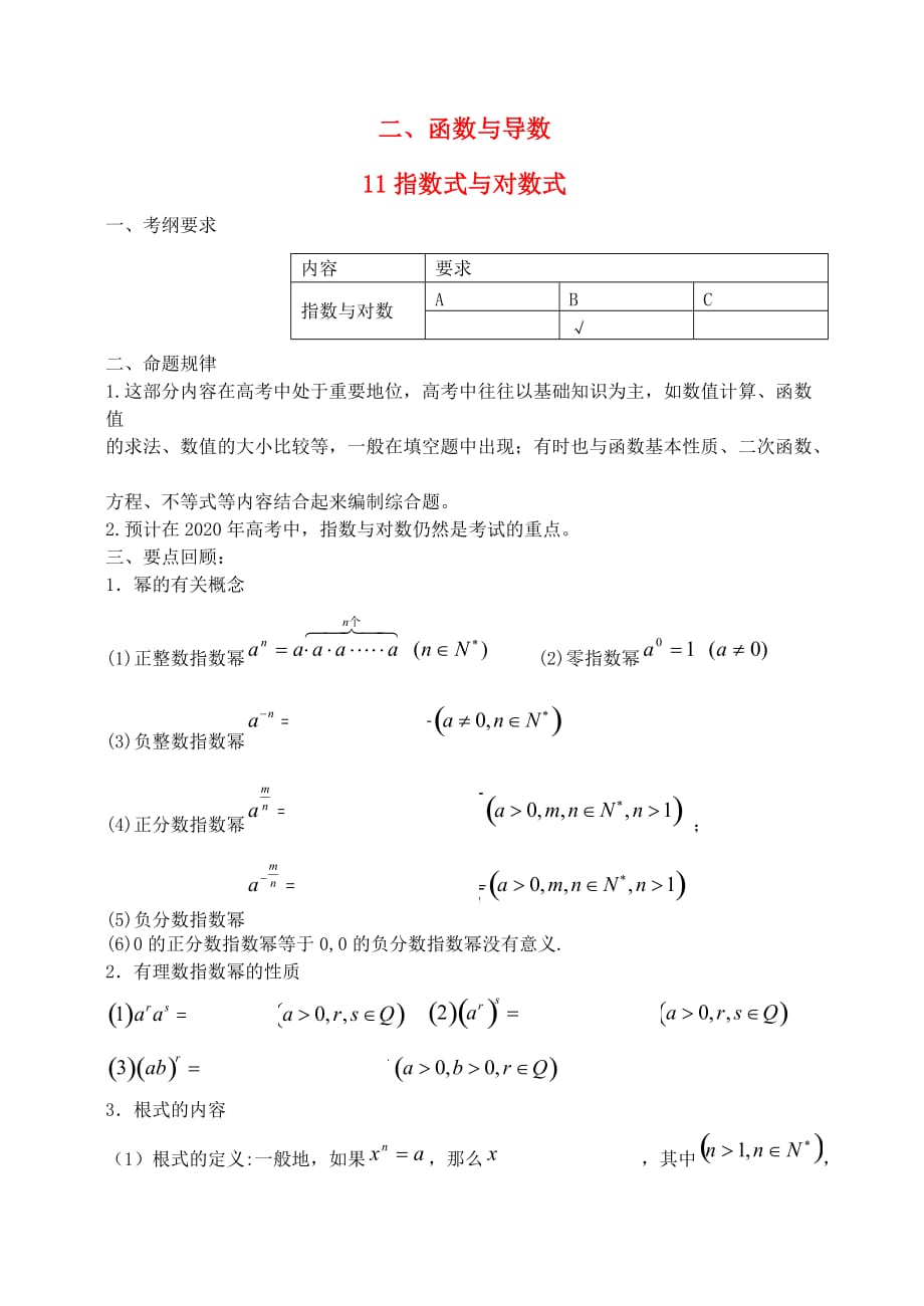 江苏省兴化市楚水实验学校10届高三数学复习讲义11指数式与对数式（通用）_第1页