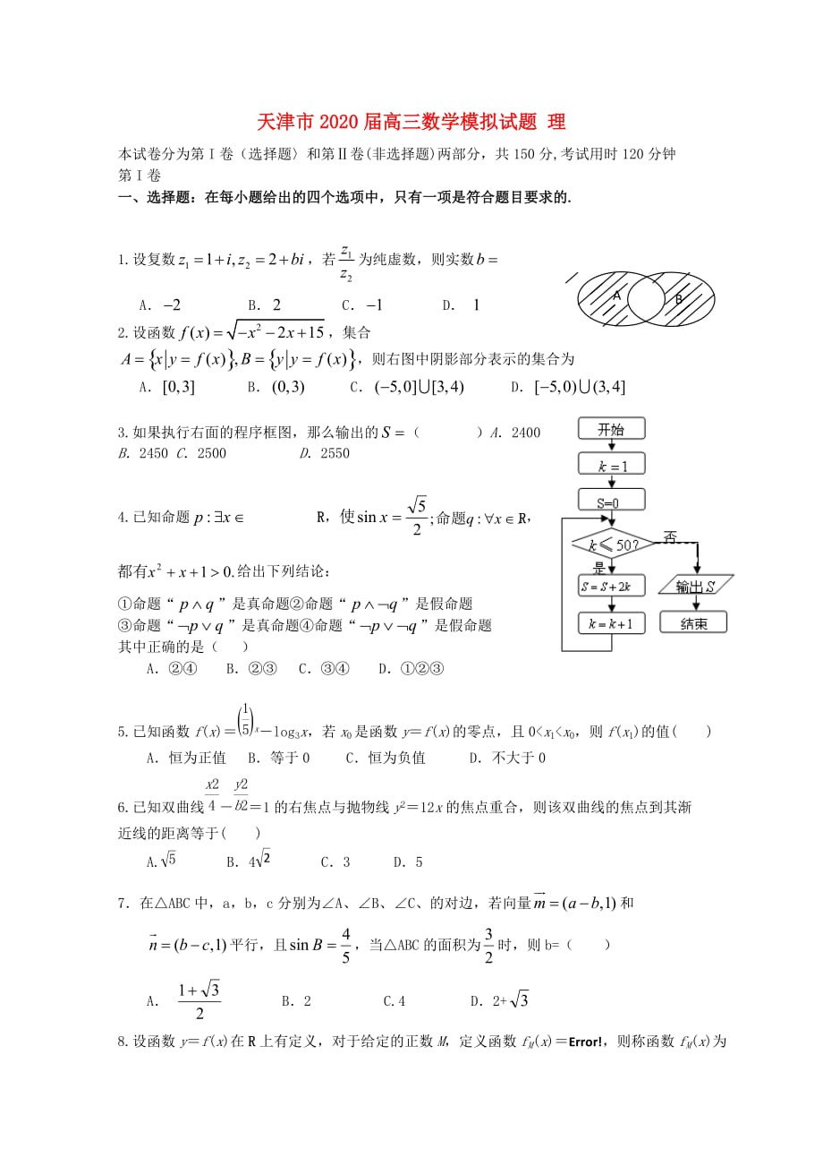 天津市2020届高三数学模拟试题 理（无答案）新人教A版（通用）_第1页