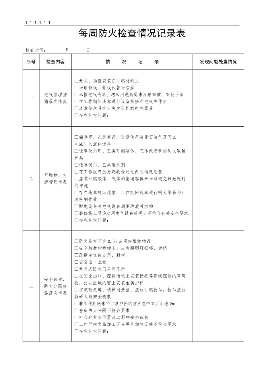 【消防】每周防火检查情况记录表_第1页