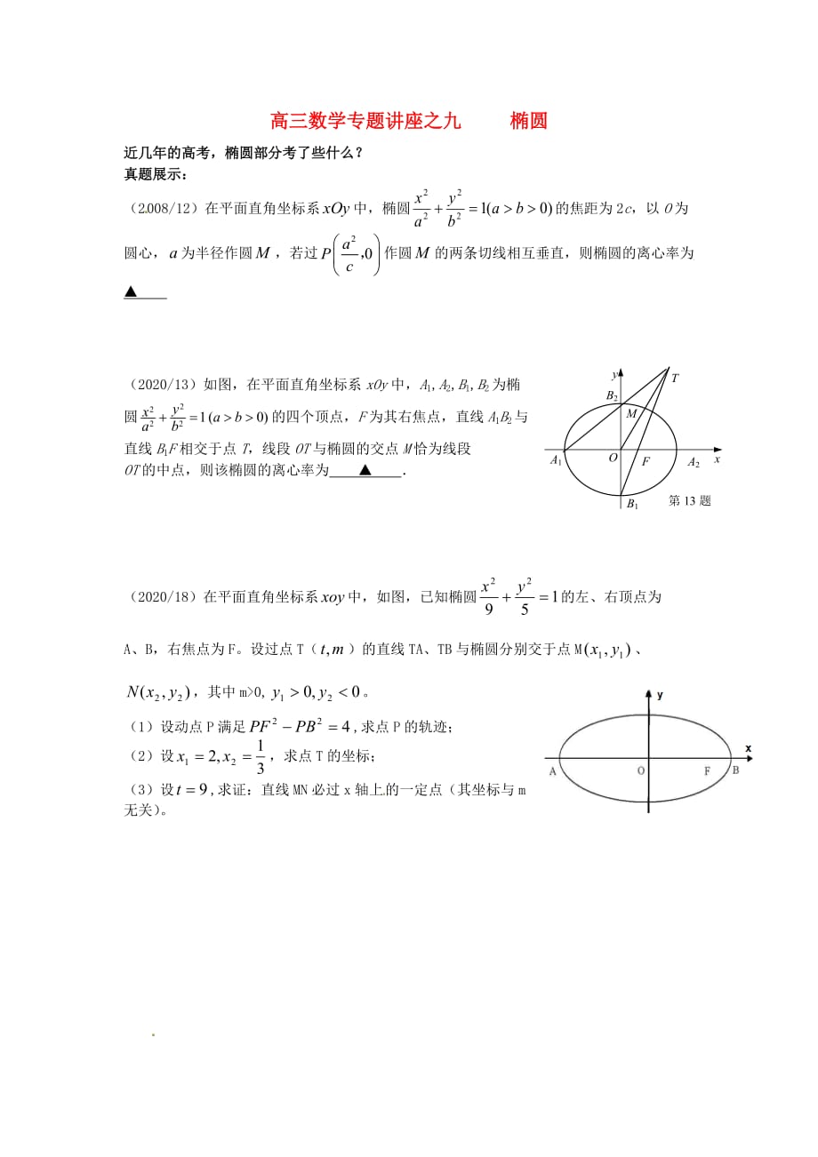 江苏省苏州市第五中学2020届高考数学 专题讲练九 椭圆（无答案）（通用）_第1页