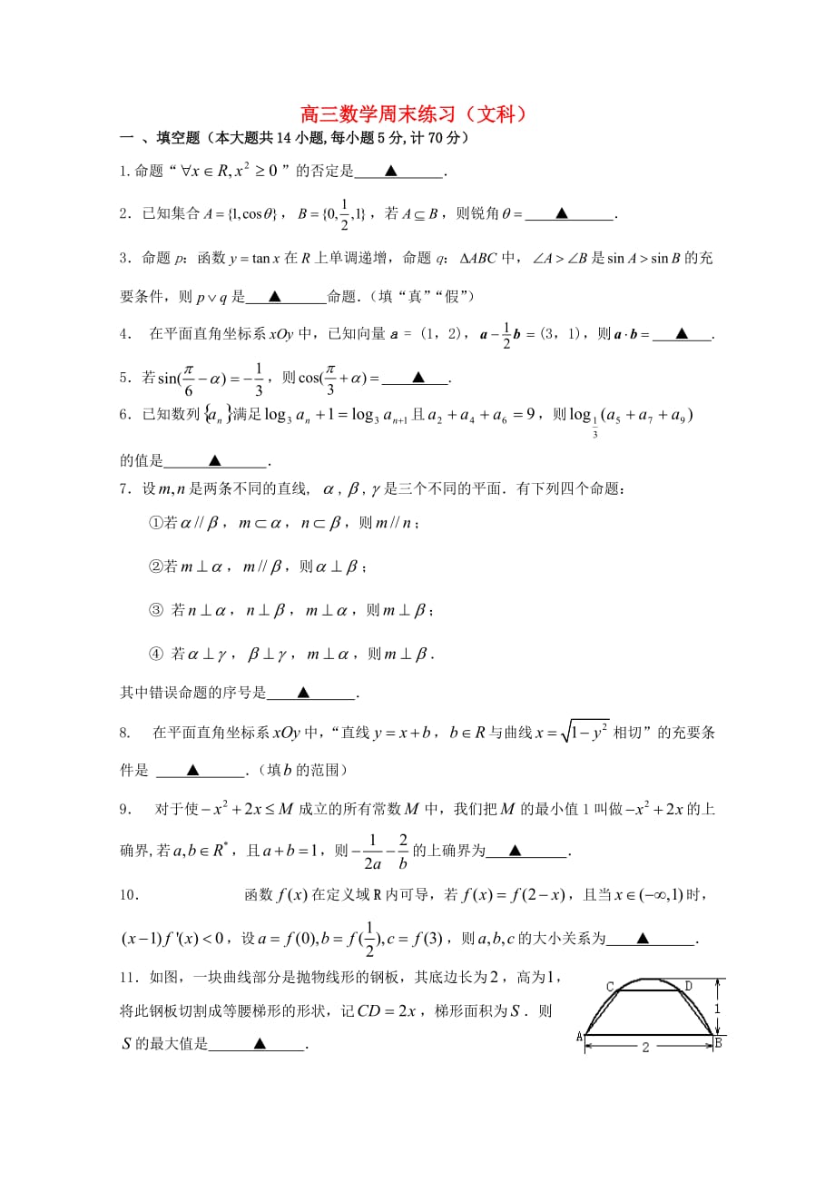 江苏省2020届高三数学周练 文（11.24）（无答案）（通用）_第1页