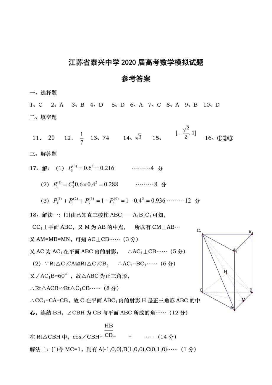 江苏省泰兴中学2020届高考数学模拟试题1（通用）_第5页