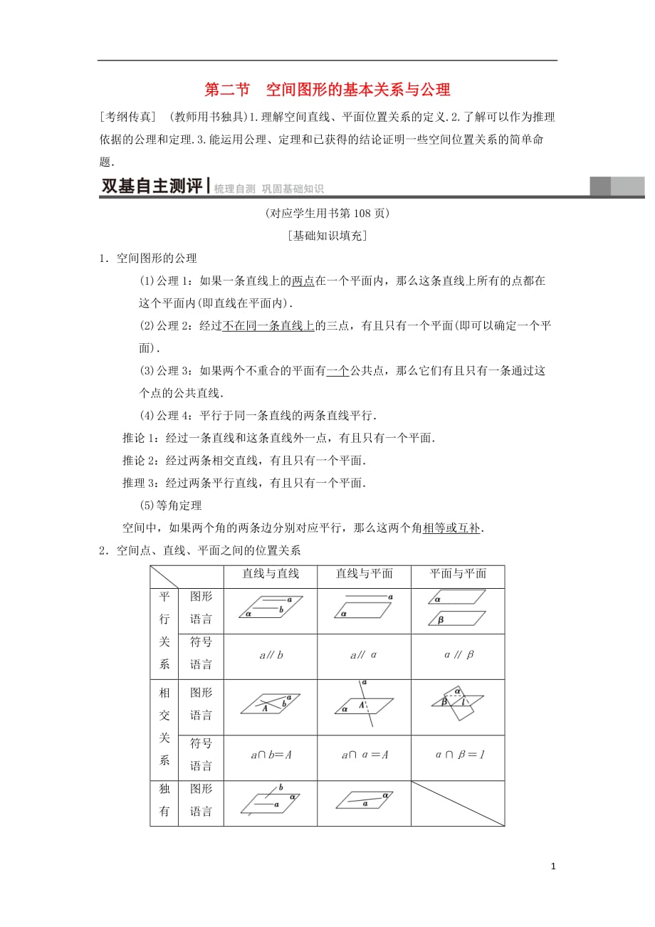 高考数学一轮复习第7章立体几何第2节空间图形的基本关系与公理学案理北师大版_第1页