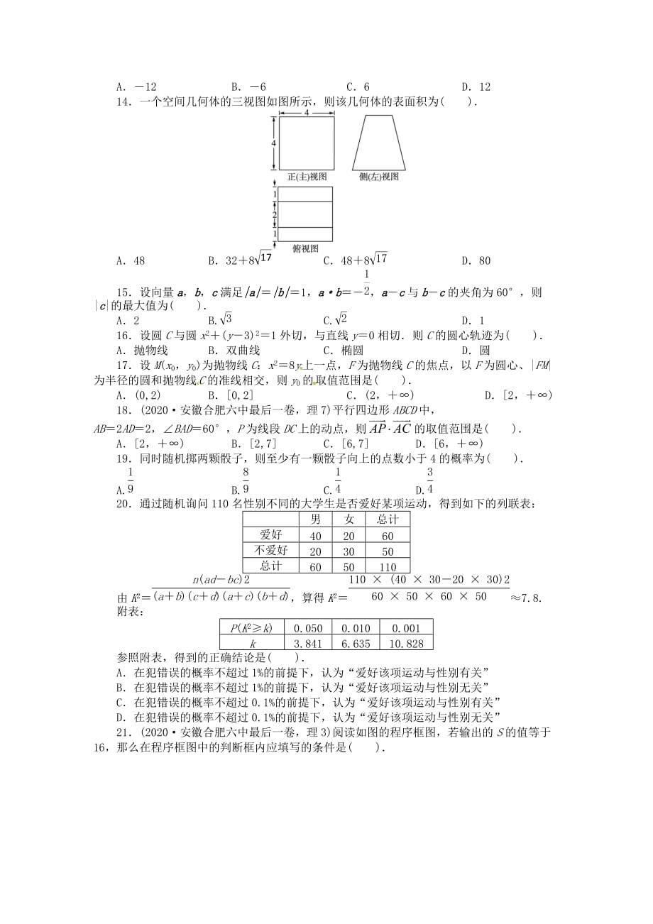 安徽省2020年高考数学第二轮复习 专题升级训练21 选择题专项训练一 理（通用）_第2页