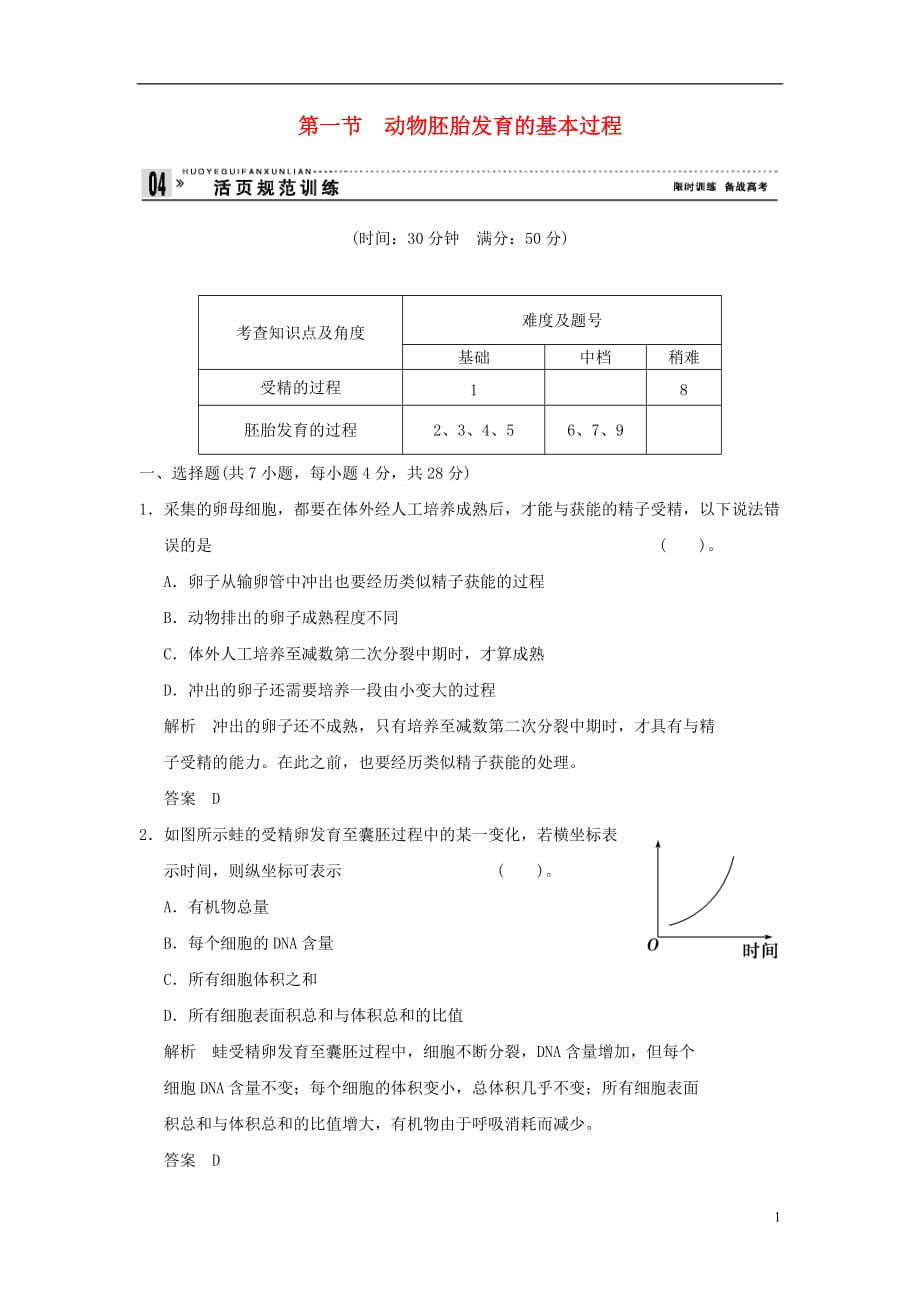 高中生物第一单元生物技术与生物工程第三章胚胎工程1.3.1动物胚胎发育的基本过程规范训练中图选修3_第1页