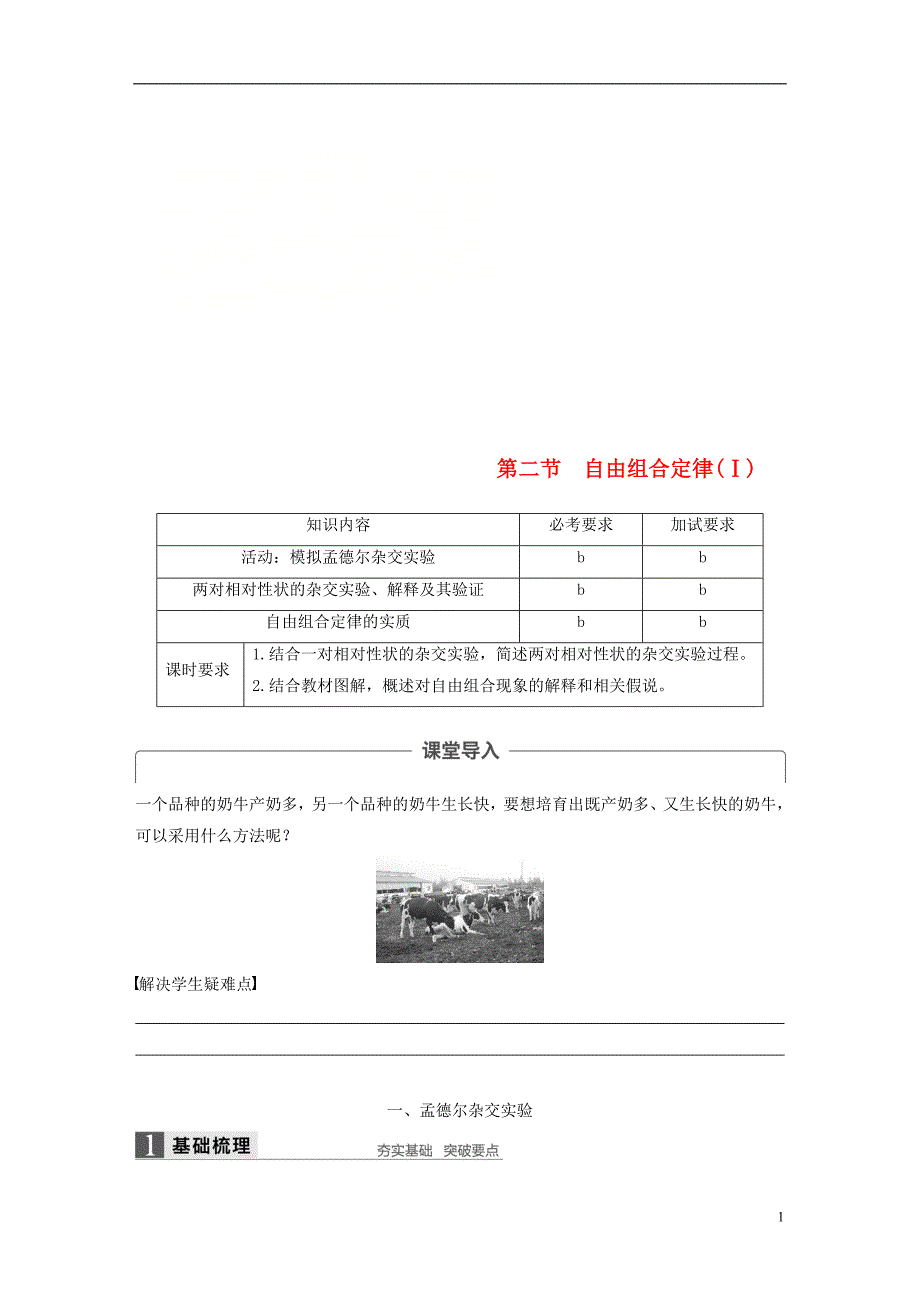 高中生物第一章孟德尔定律第二节自由组合定律（Ⅰ）教学案浙科必修2_第1页