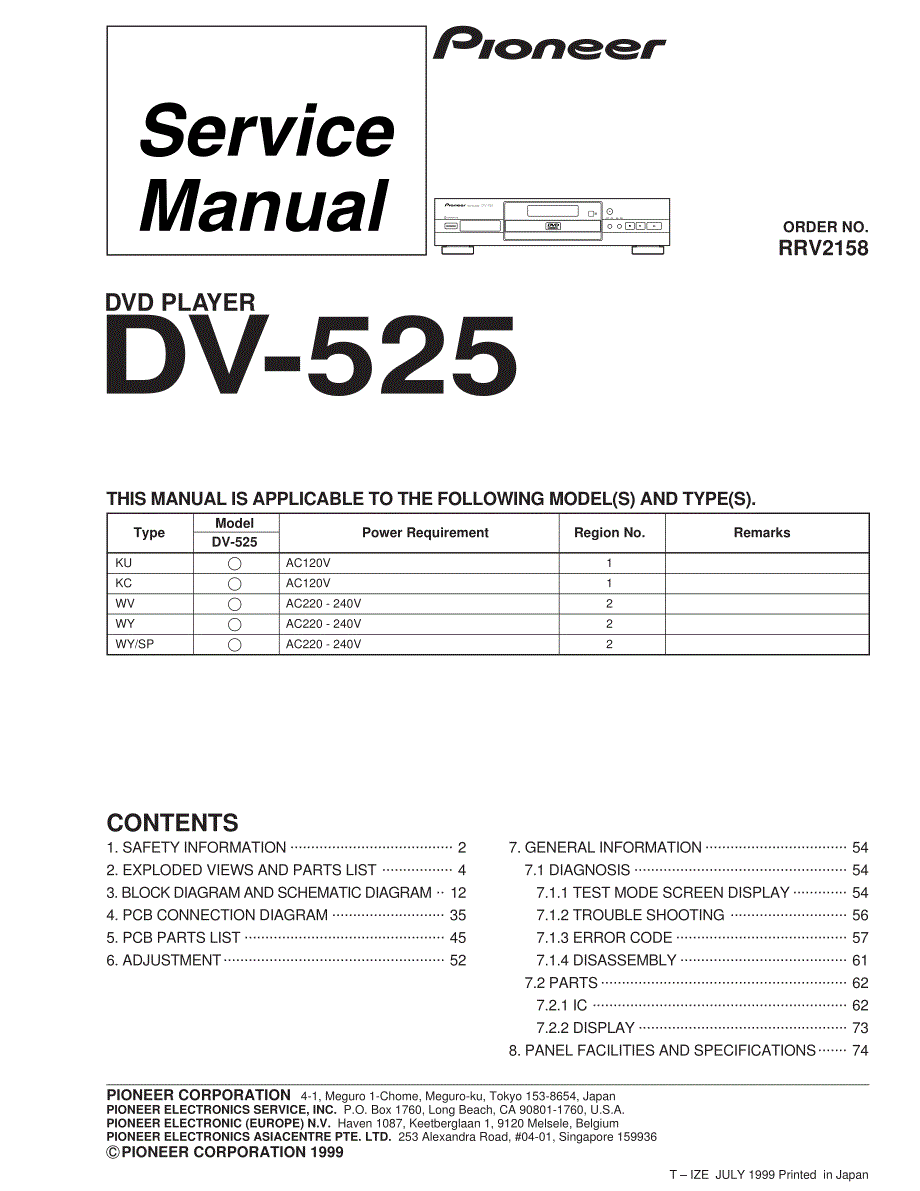先锋高保真DVD机dv-525电路图纸维修手册_第1页