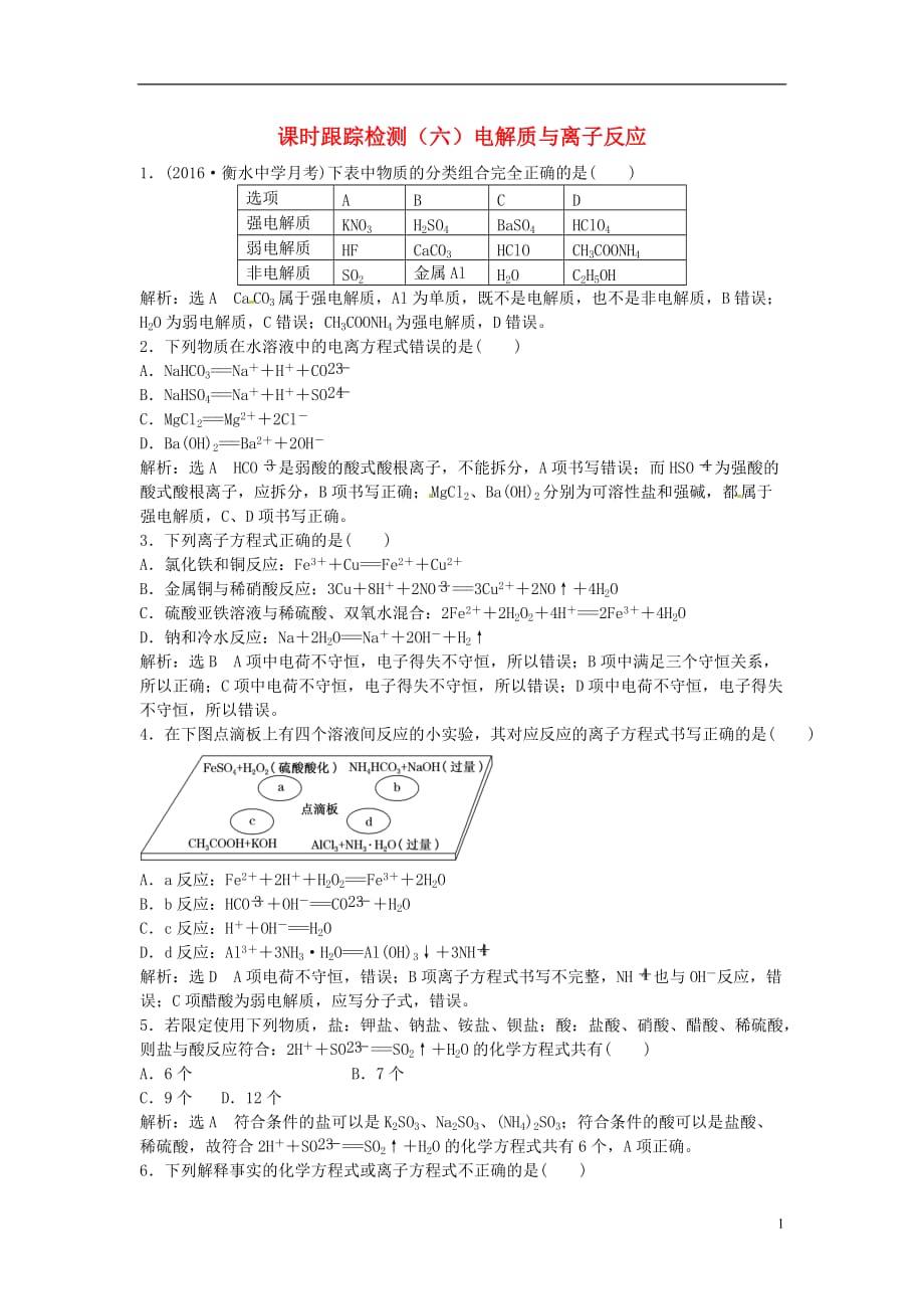 高中化学一轮复习课时跟踪检测（六）电解质与离子反应鲁教版_第1页