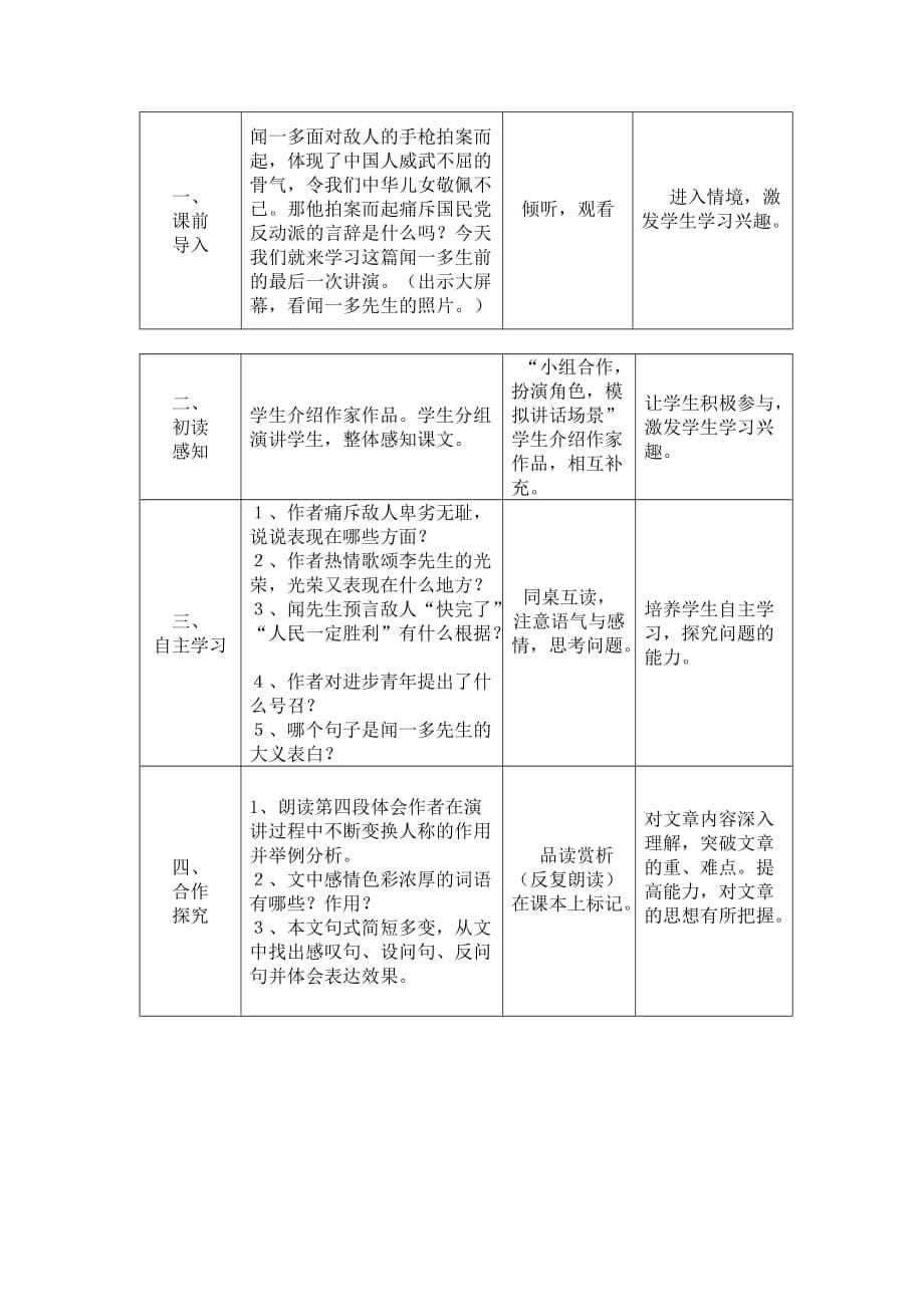 人教版(部编)初中语文八下第三单元第13课《最后一次讲演》表格教学设计_第5页