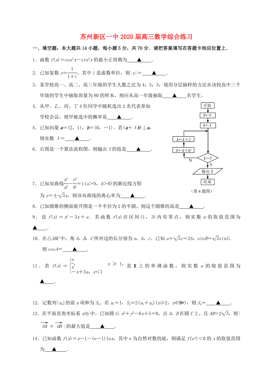 江苏省苏州市苏州新区一中2020届高考数学综合练习（通用）_第1页