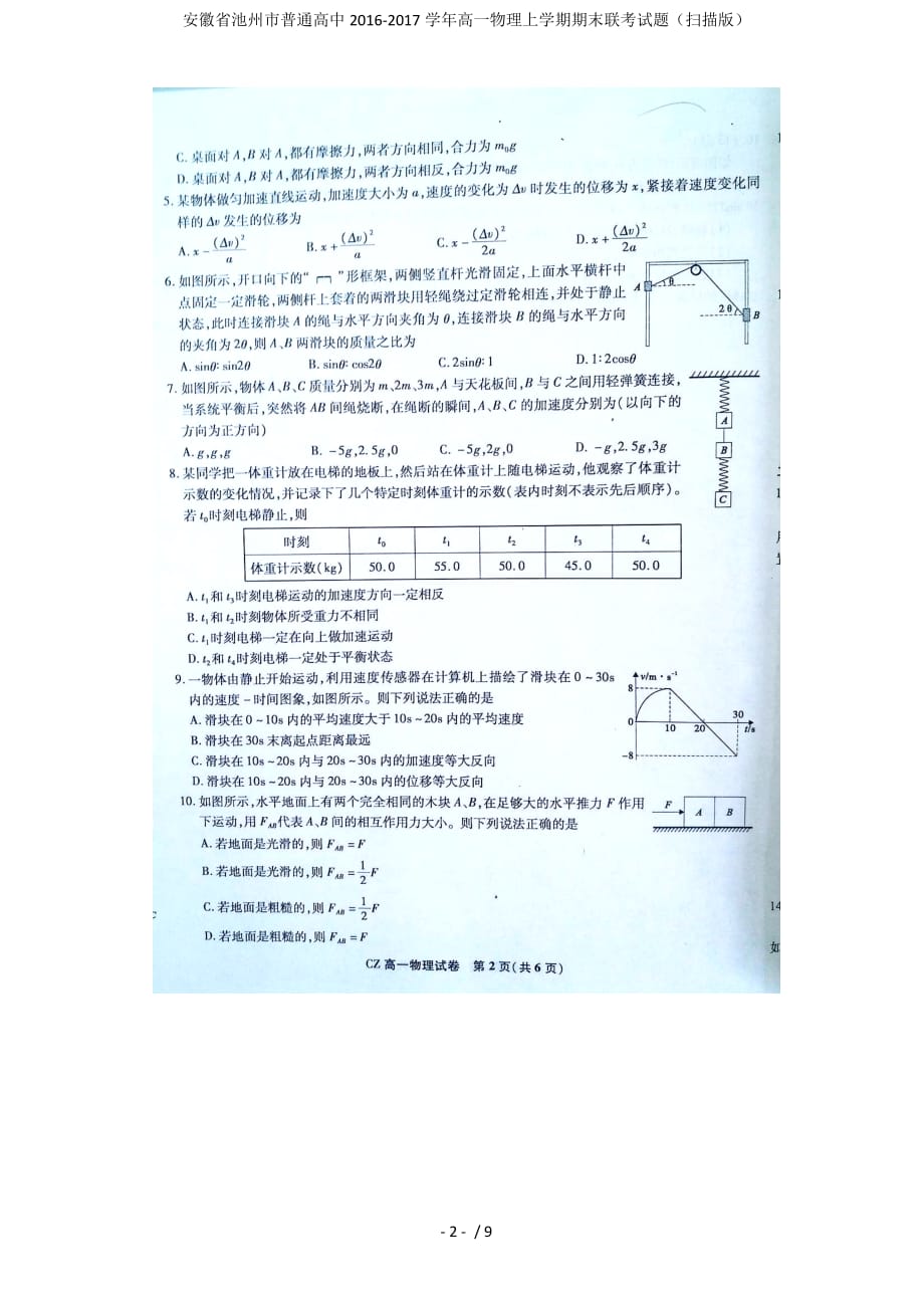 高一物理上学期期末联考试题（扫描版）_第2页