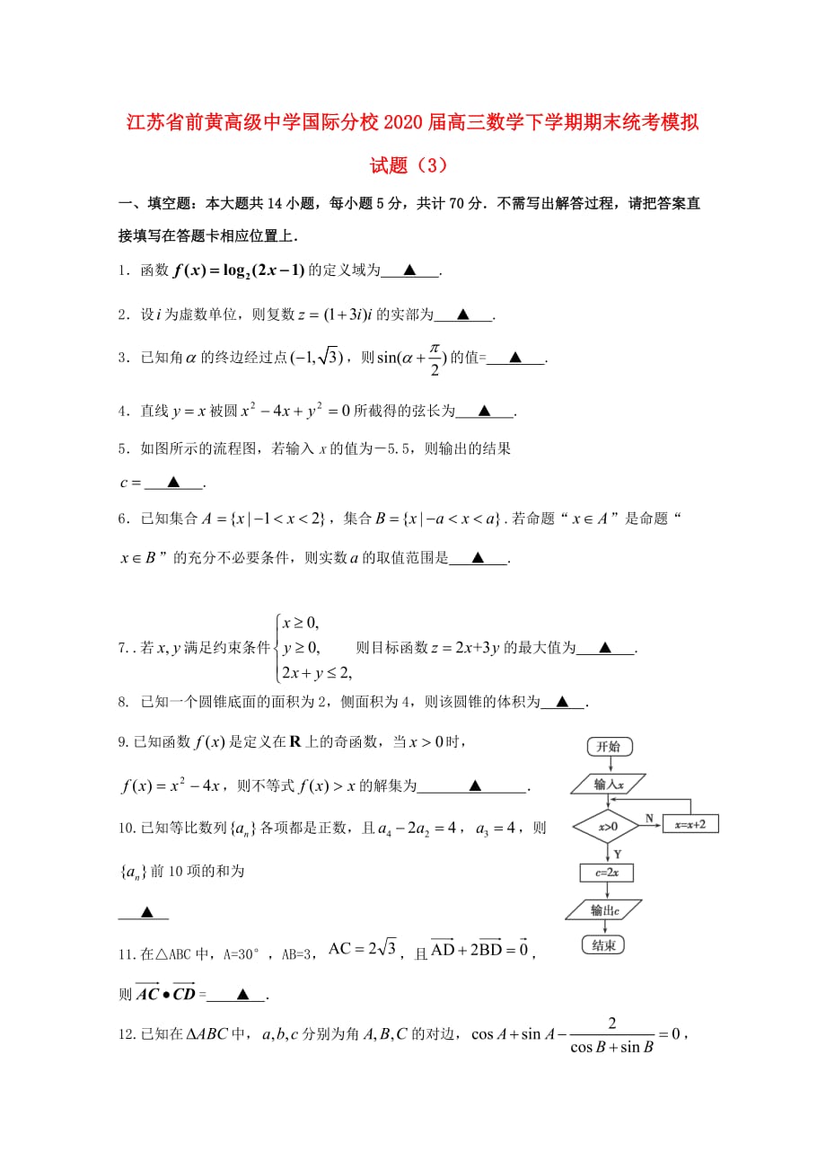 江苏省国际分校2020届高三数学下学期期末统考模拟试题（3）（通用）_第1页