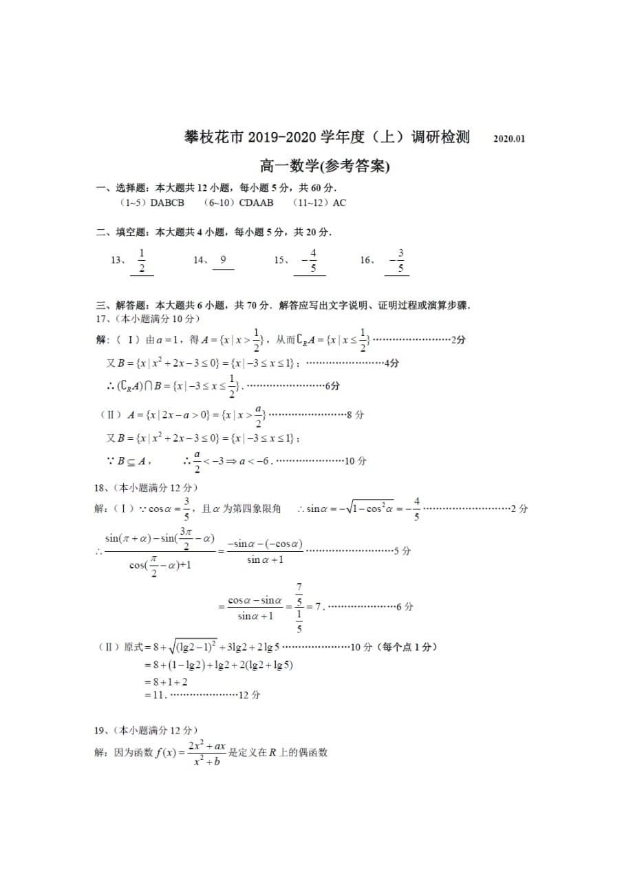 四川省攀枝花市2020学年高一数学上学期教学质量监测试题（通用）_第5页