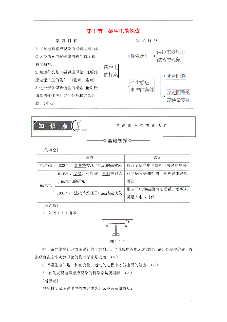 高中物理第1章电磁感应第1节磁生电的探索教师用书鲁科版选修3-2_第1页