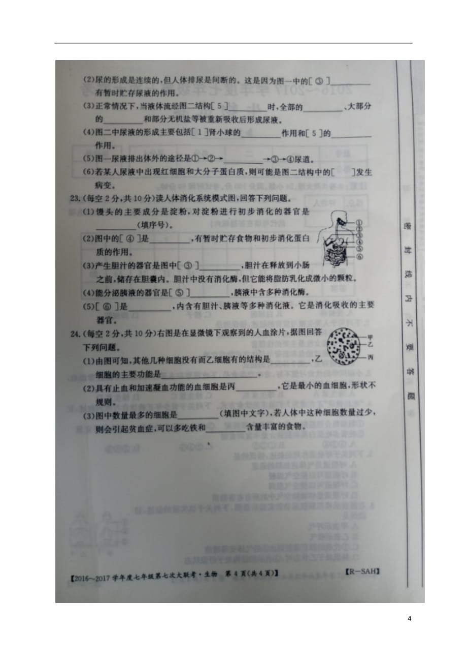 河南省永城市2016_2017学年七年级生物第七次大联考试题扫描版.doc_第4页