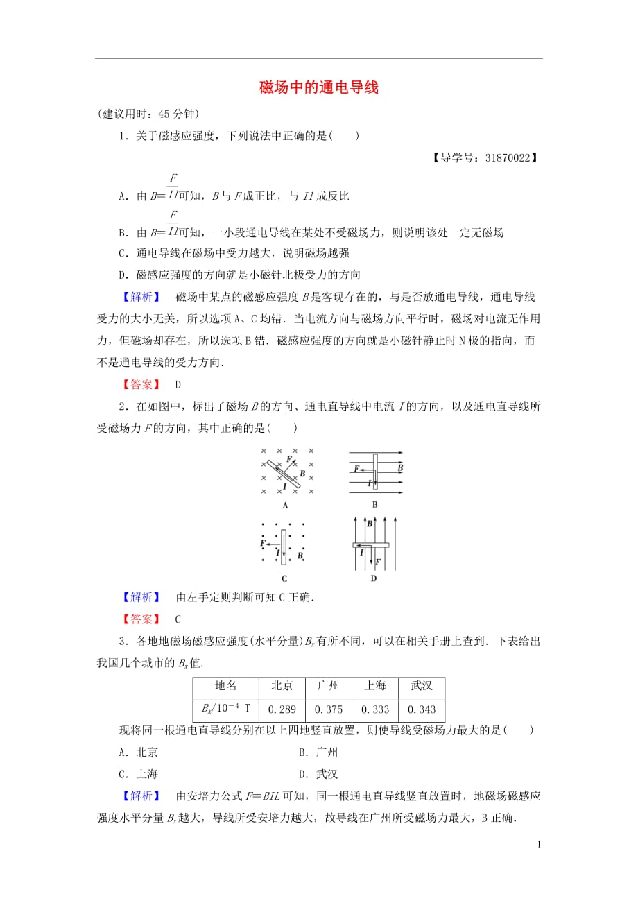 高中物理第3章打开电磁学的大门第1节磁场中的通电导线学业达标测评鲁科版选修1-1_第1页