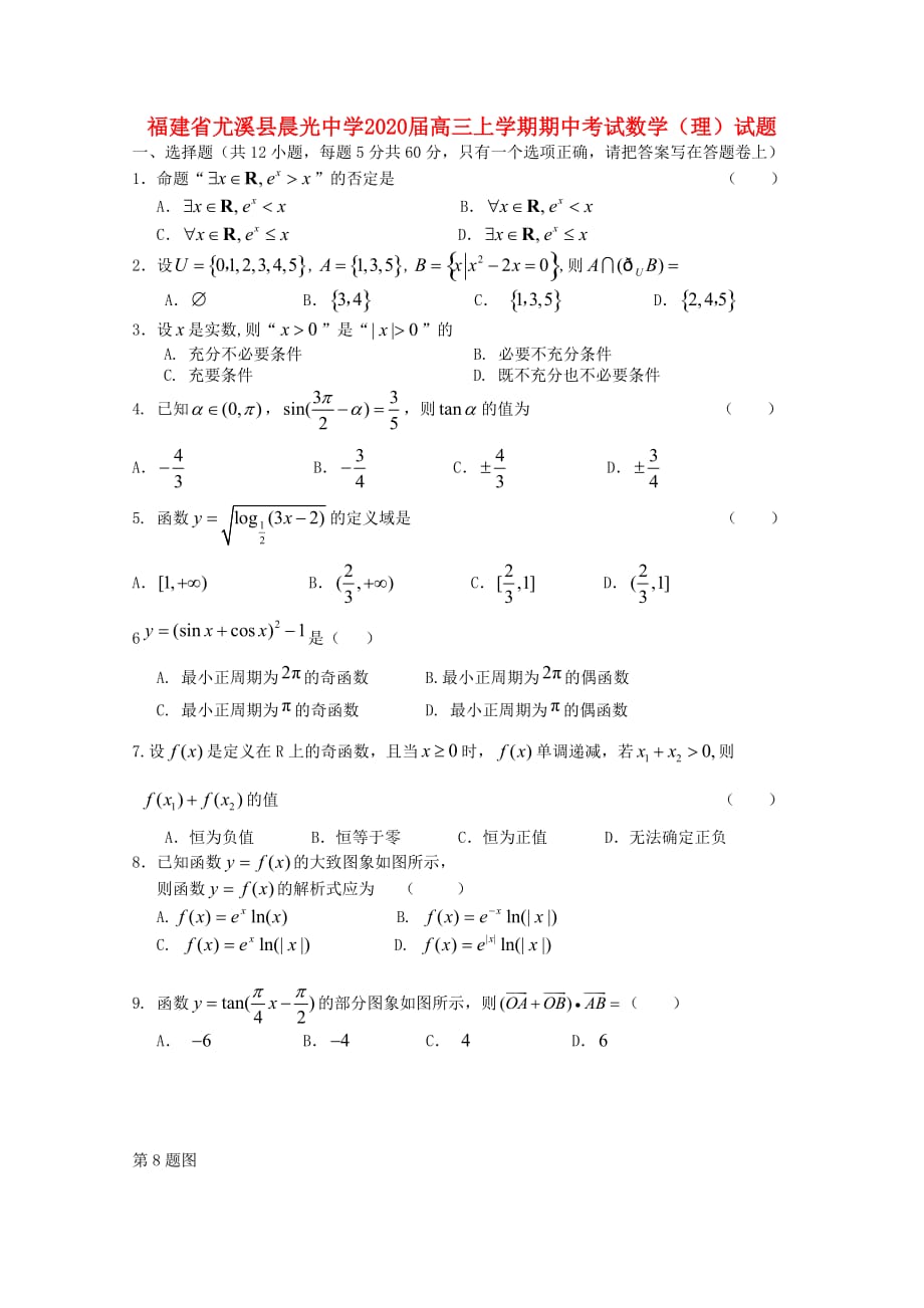 福建省尤溪县晨光中学2020届高三数学上学期期中考试 理（无答案）（通用）_第1页