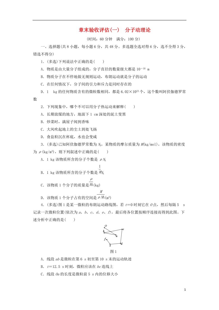 高中物理章末验收评估（一）分子动理论鲁科选修3-3_第1页