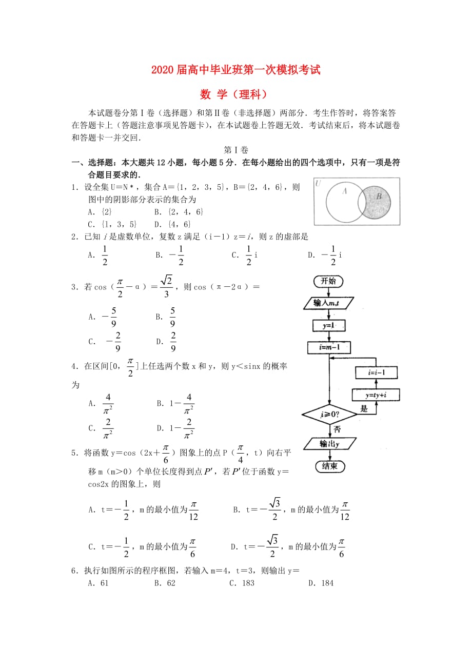 河南省扶沟县2020届高三数学毕业班第一次模拟考试试题 理（无答案）（通用）_第1页