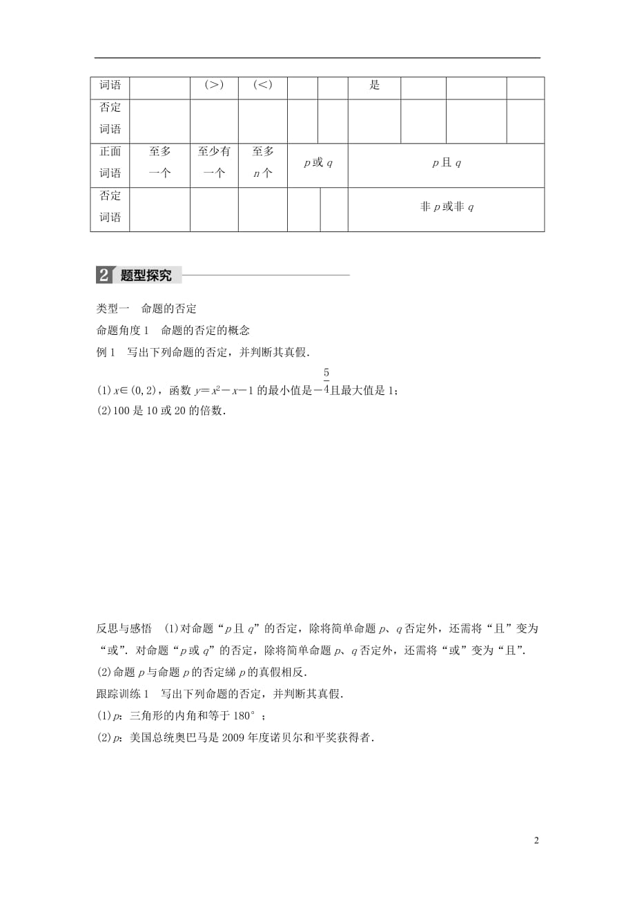 高中数学第一章常用逻辑用语4.3逻辑联结词“非”学案北师大选修1-1_第2页