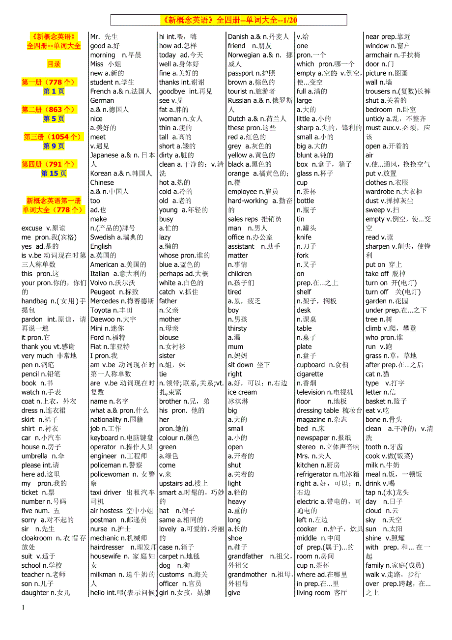 (精排版) 《新概念英语》1-4册单词大全(总共3486个)教学幻灯片_第1页