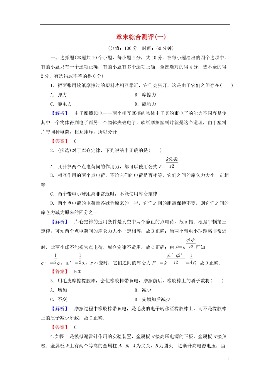 高中物理第1章从富兰克林到库仑章末综合测评沪科版选修1-1_第1页