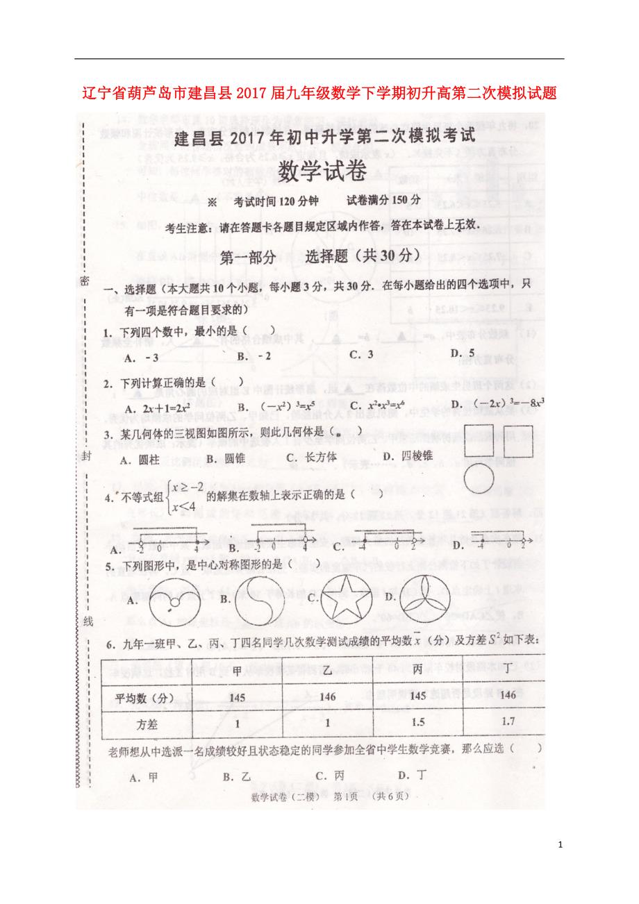 辽宁省葫芦岛市建昌县2017届九年级数学下学期初升高第二次模拟试题扫描版.doc_第1页