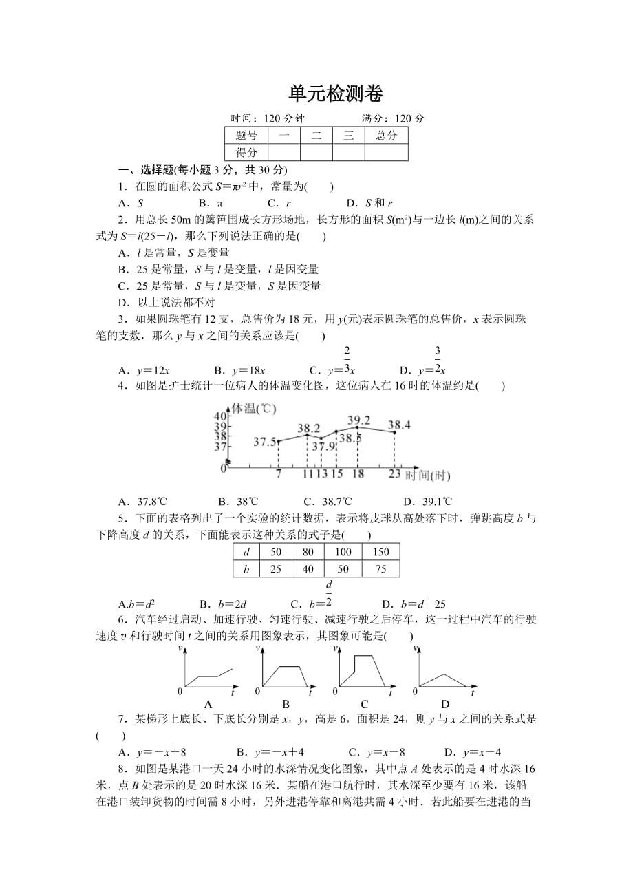 初中数学湘教七年级下第三章单元检测卷_第1页