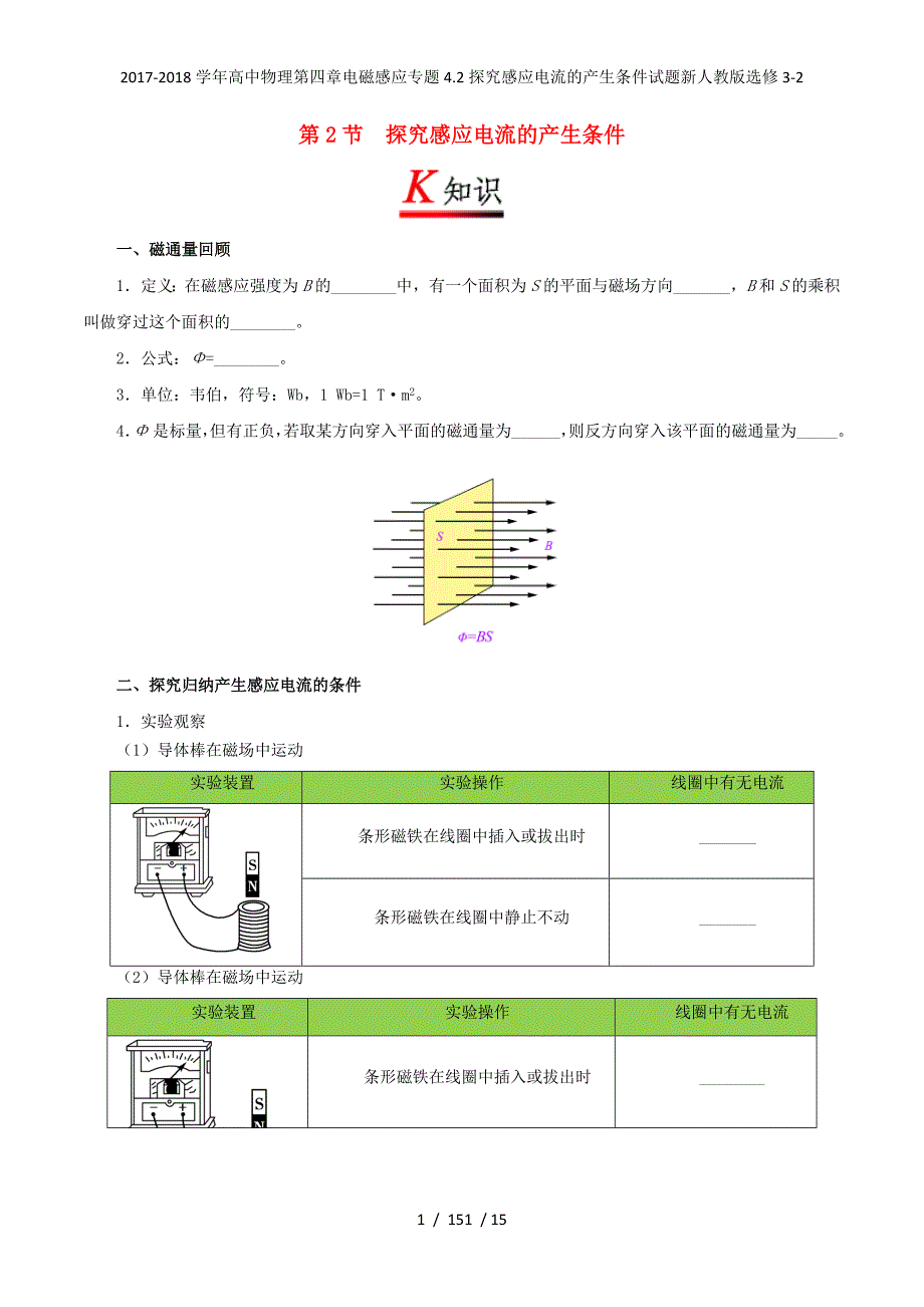 高中物理第四章电磁感应专题4.2探究感应电流的产生条件试题新人教选修3-2_第1页