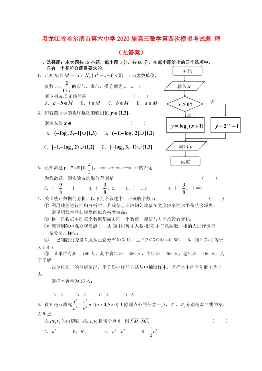 黑龙江省2020届高三数学第四次模拟考试题 理（无答案）（通用）_第1页