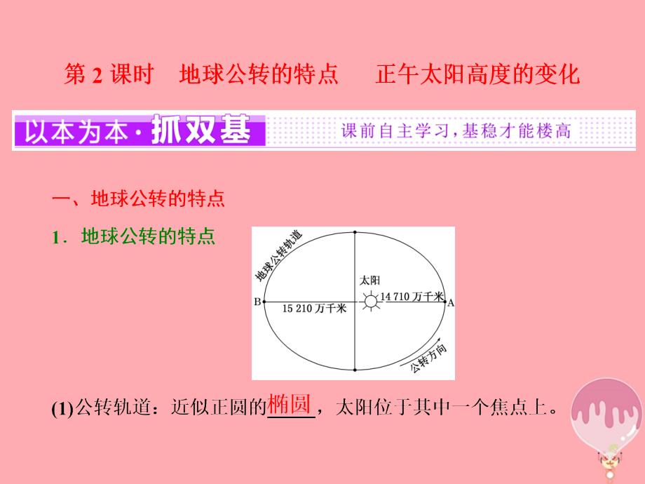 2017_2018学年高中地理第一章行星地球第三节地球的运动第2课时地球公转的特点正午太阳高度的变化课件新人教版必修.ppt_第1页