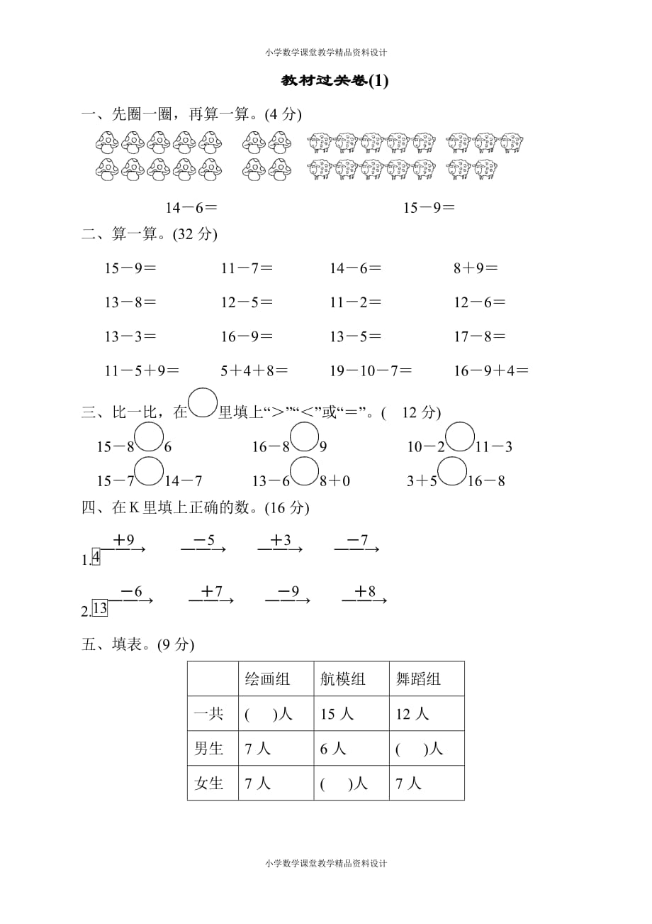 最新苏教版一年级下册数学-教材过关卷(1)_第1页