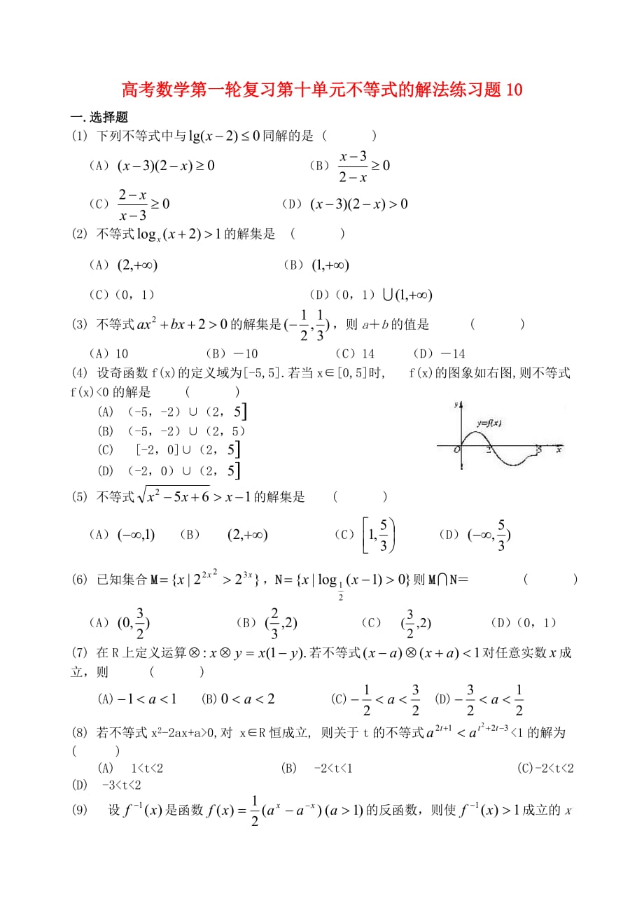 高考数学第一轮复习第十单元不等式的解法练习题10 新课标（通用）_第1页