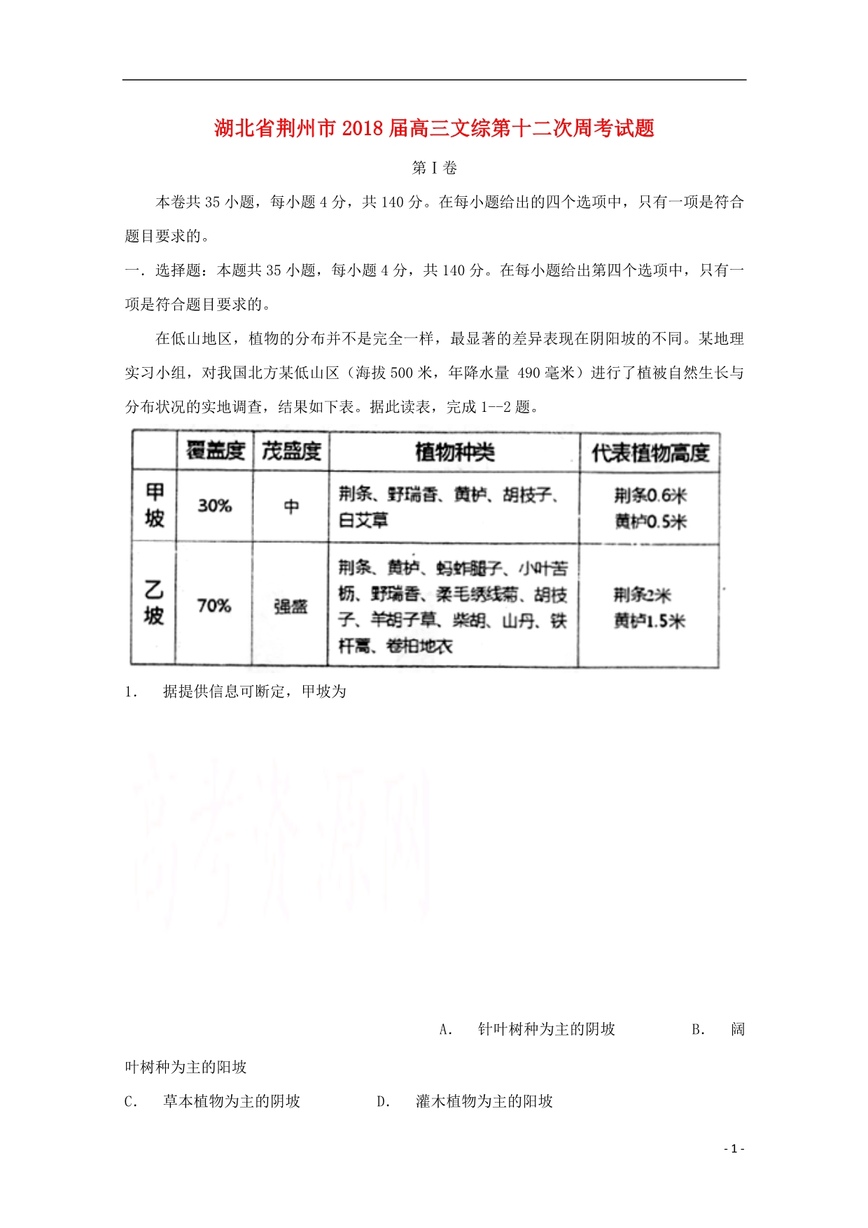 湖北剩州市2018届高三文综第十二次周考试题.doc_第1页