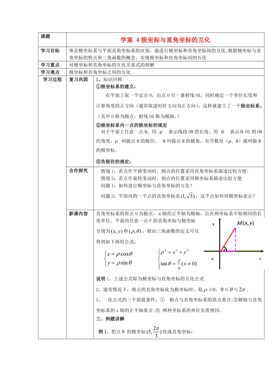 吉林省2020高中数学 4.4.4极坐标与直角坐标的互化学案（无答案）新人教版选修4（通用）_第1页