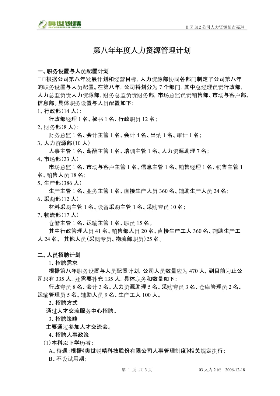 第八年年度人力资源管理计划.doc_第1页