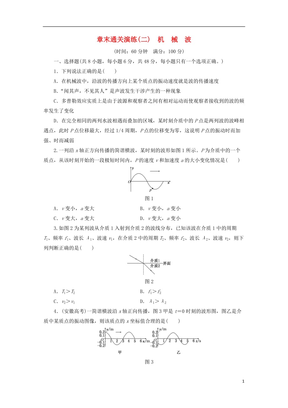 高中物理章末通关演练（二）机械波鲁科选修3-4_第1页