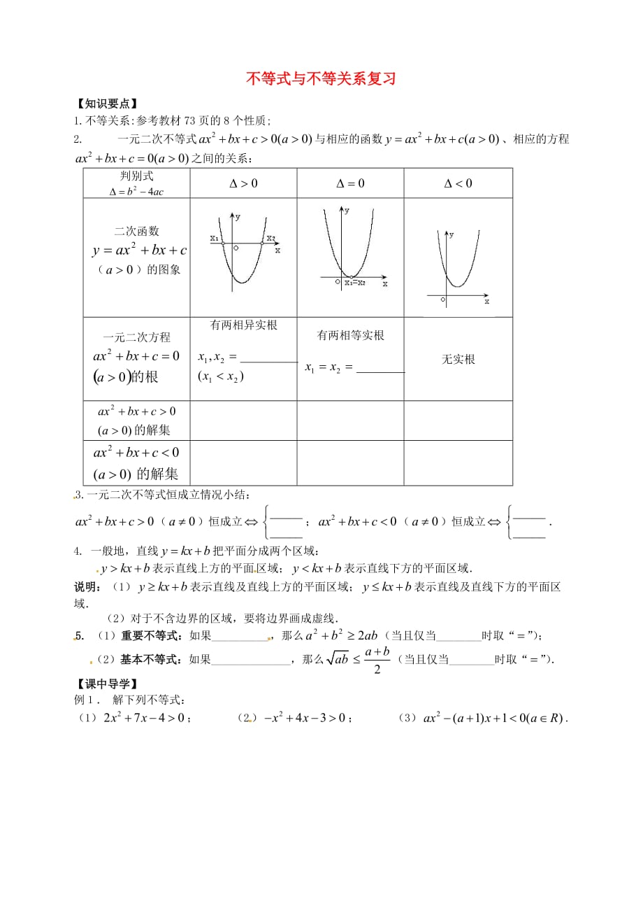 2020年高中数学 第三章《不等式》复习课导学案（无答案）新人教版必修5（通用）_第1页